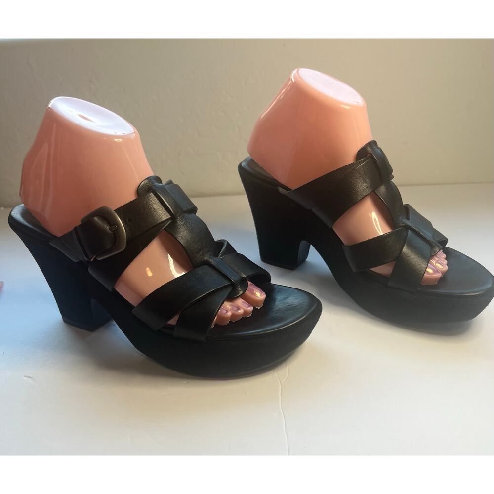 Kork-Ease Black Leather T-Straps Buckle Suede‎ Wedge Platform Slip On Sandals 9M - Picture 2 of 10